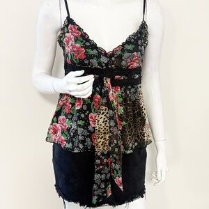 Vintage Euro Y2K 90s Morgan de Toi Floral & Animal Patchwork Print Top Tie Sash